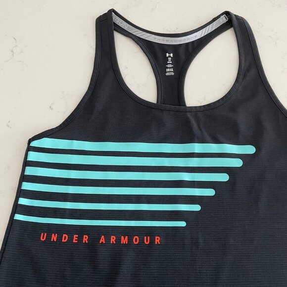 Under Armour Athletic RB Loose Heat Gear Ribbed Running Top Black Blue Org Sz XS - Picture 6 of 9